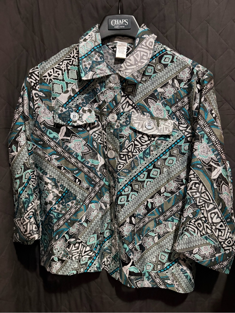 Chaps Women's Teal Patterned Button-Front Top #2078